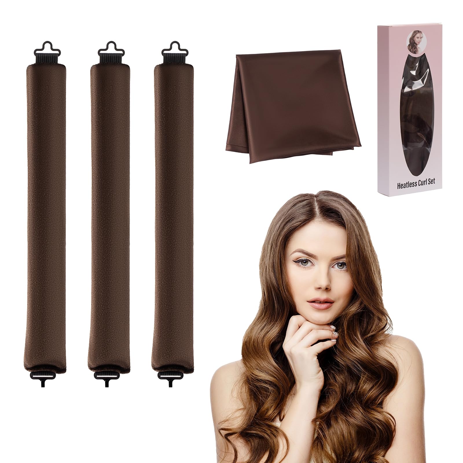 Cretosou 3 Pieces Heatless Overnight Hair Curling Set, Heatless Curls Sleep in Heatless Curlers No Heat Curler Roller for Long Medium Hair, Heatless Blowout Rods Curling Rod for Big Waves