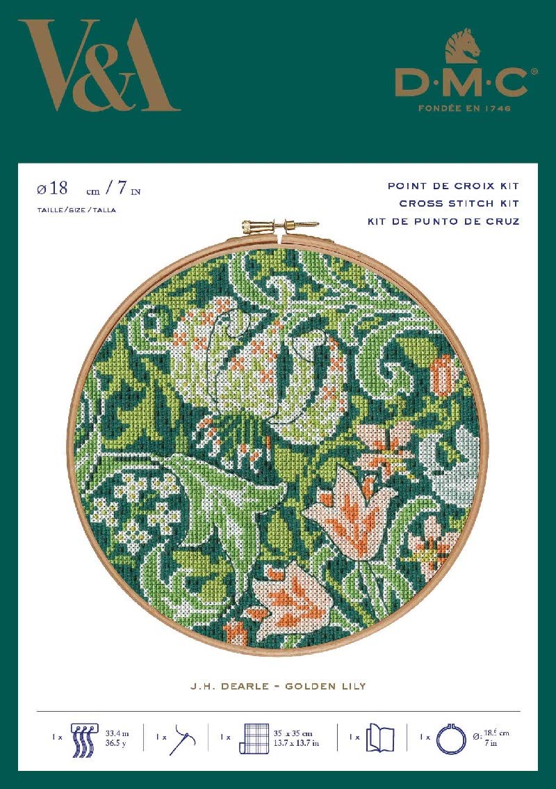 DMC Stitch Kit Golden Lily - J.H. Dearle, Includes No. 25 Embroidery Thread, Embroidery Needle, Embroidered (Aida · White 14 Count) and Instructions