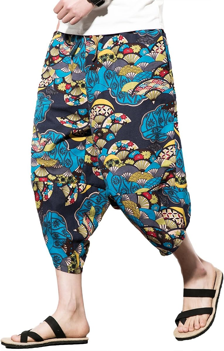 Men's Loose Baggy Hip-hop Harem Pants Wide Leg Cotton Beach Trunks Bohemia Trousers with Pockets