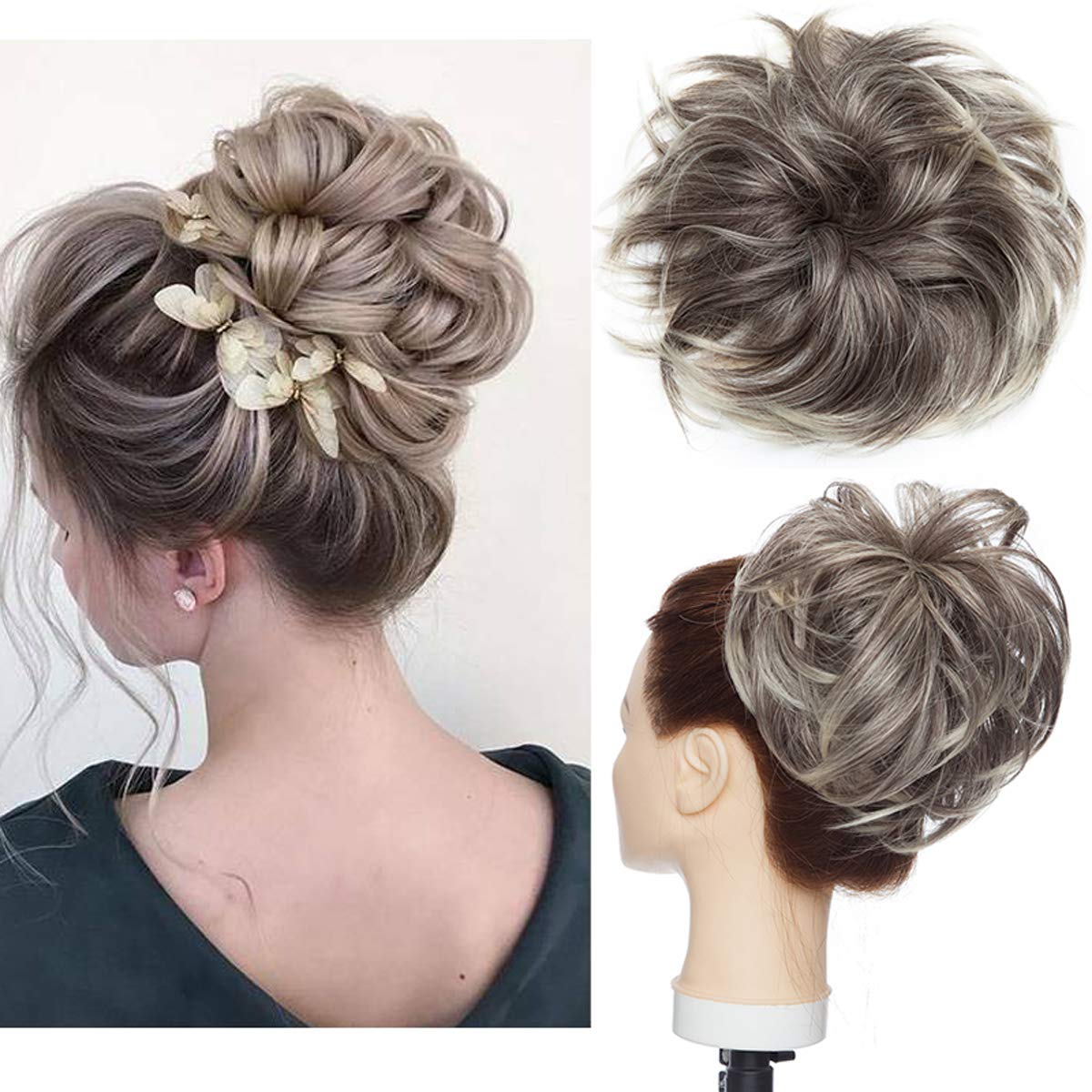 Tousled Updo Messy Bun Hair Piece Hair Extension Ponytail With Elastic Rubber Band Updo Extensions Synthetic Hair Extensions Scrunchies Ponytail Hairpiece for Women Medium Brown to Bleach Blonde