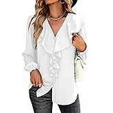 Vrtige Women's V Neck Ruffle Front Button Down Long Sleeve Blouse Top Shirt