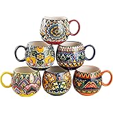 Henten Home Ceramic Coffee Mug Set of 6, 20 oz Colorful Coffee Cup with Handle, Boho Porcelian Mug for Cappuccino, Latte, Tea, Hot Chocolate, Cocoa, Microwave & Dishwasher Safe