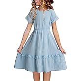 blibean Girls Cotton Short Sleeve Dresses Lace Semi Formal Dress Size 6-15 Years