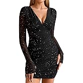 Women's Long Sleeve Bodycon Mini Dresses Sexy Mesh V Neck Ruched Club Night Out Party Going Out Fall Dress