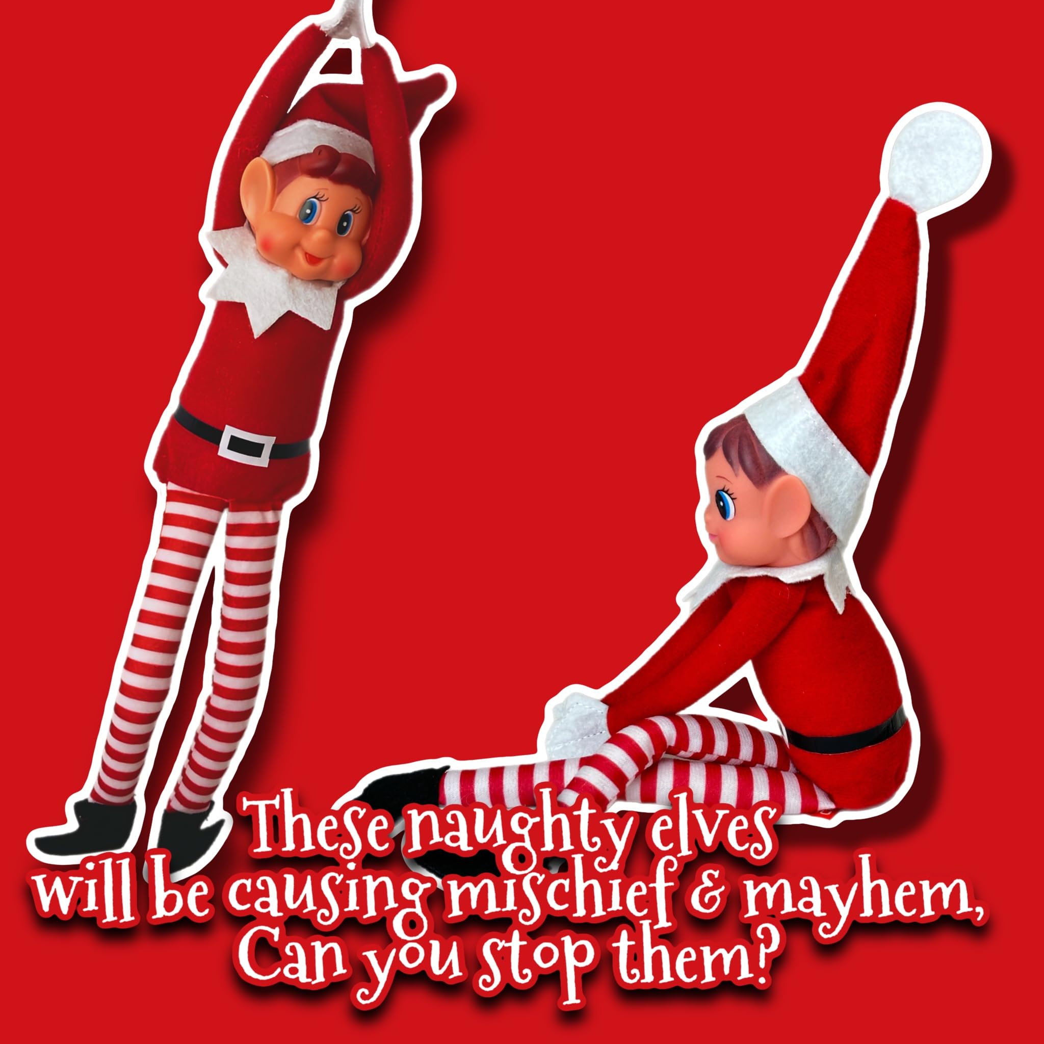 Elfie (Boy) and Elvie (Girl) Set Fun and Playful Elves Behavin' Badly Figure with Soft Body and Vinyl Face-Set of 2, Red