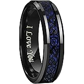 CROWNAL 6mm 8mm Blue Carbon Fiber Black Celtic Dragon Tungsten Carbide Wedding Band Ring Engraved I Love You Size 4 To 16