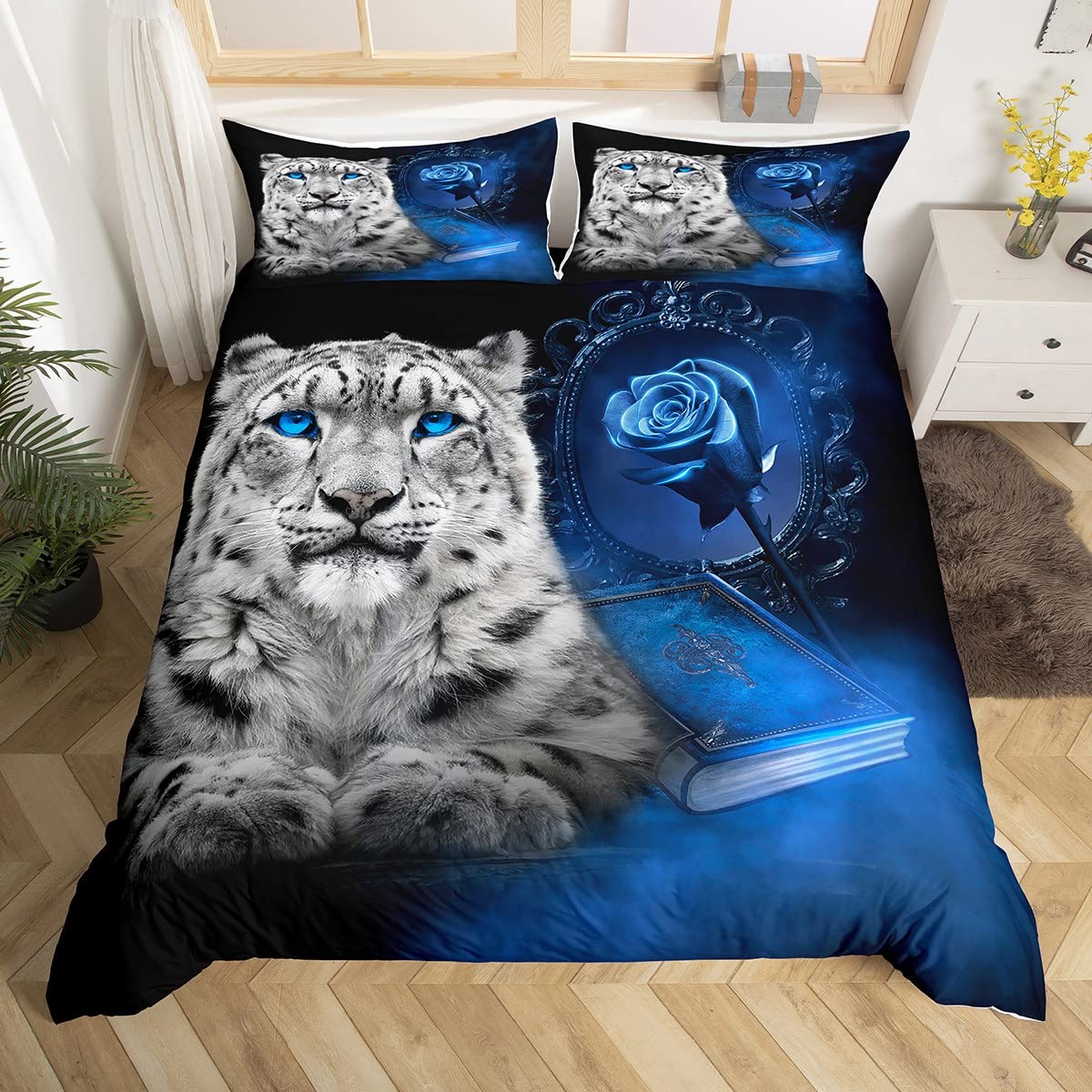 Loussiesd Tiger Bedding Set Safari Cat Comforter Cover for Kids Boys Girls Teens Luxury Blue Rose Floral Duvet Cover Wild Animal Breathable Bedspread Cover King Size — image 1