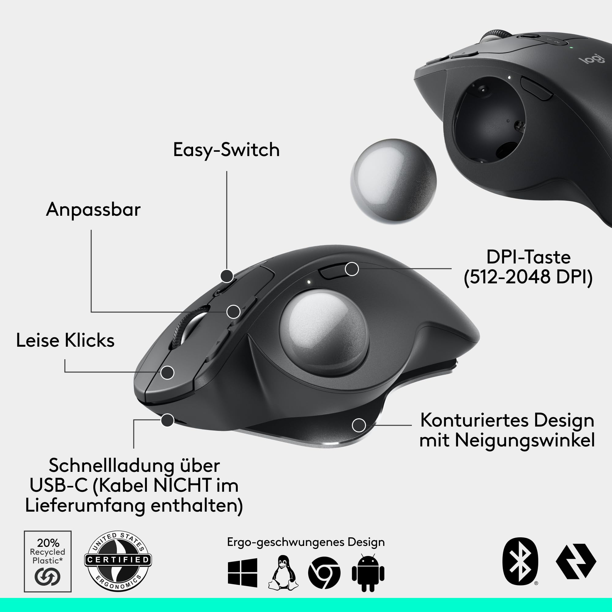Logitech MX Ergo S Advanced kabellose Trackball-Maus, über USB-C wiederaufladbare kabellose ergonomische Maus mit Bluetooth und verschlüsseltem Dongle, 6 programmierbare Tasten, für PC/Mac - Graphit 6
