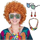 ColorGround Short Curly Orange Red Wig with Necklace Earrings Sunglasses for 70s Costumes Themed Party
