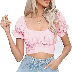 COOUFE Women's Crop Tops Ruffle Short Sleeve Tie