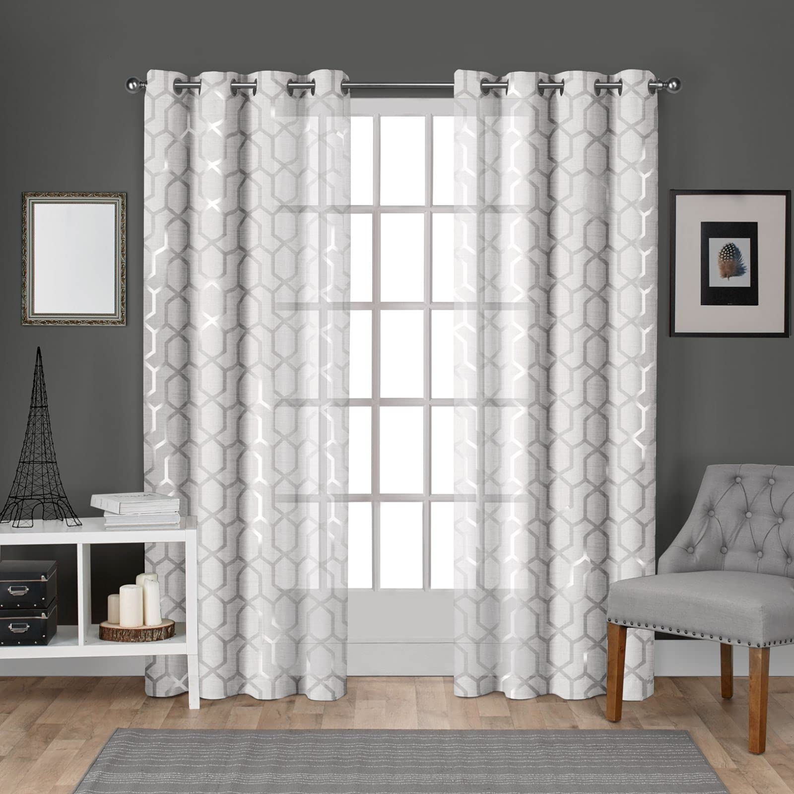 Exclusive Home Curtains Panza Sheer Grommet Top Panel Pair, Winter White, Silver, 54x84, 2 Piece