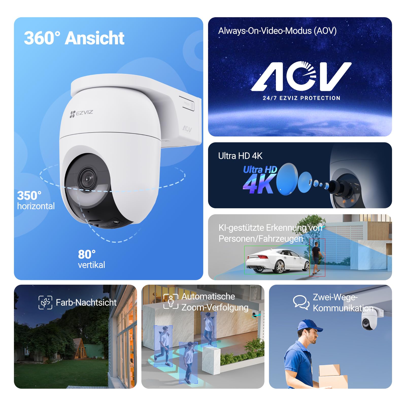 EZVIZ 4K Kabellose WLAN-Überwachungskamera, PTZ-Akku-Außenkamera 8MP, Farbnachtsicht, KI Personen-/Fahrzeugerkennung & Auto-Zoom-Track, 2-Wege-Audio, CB8 Lite + 5W Solarpanel 2 Pack 2