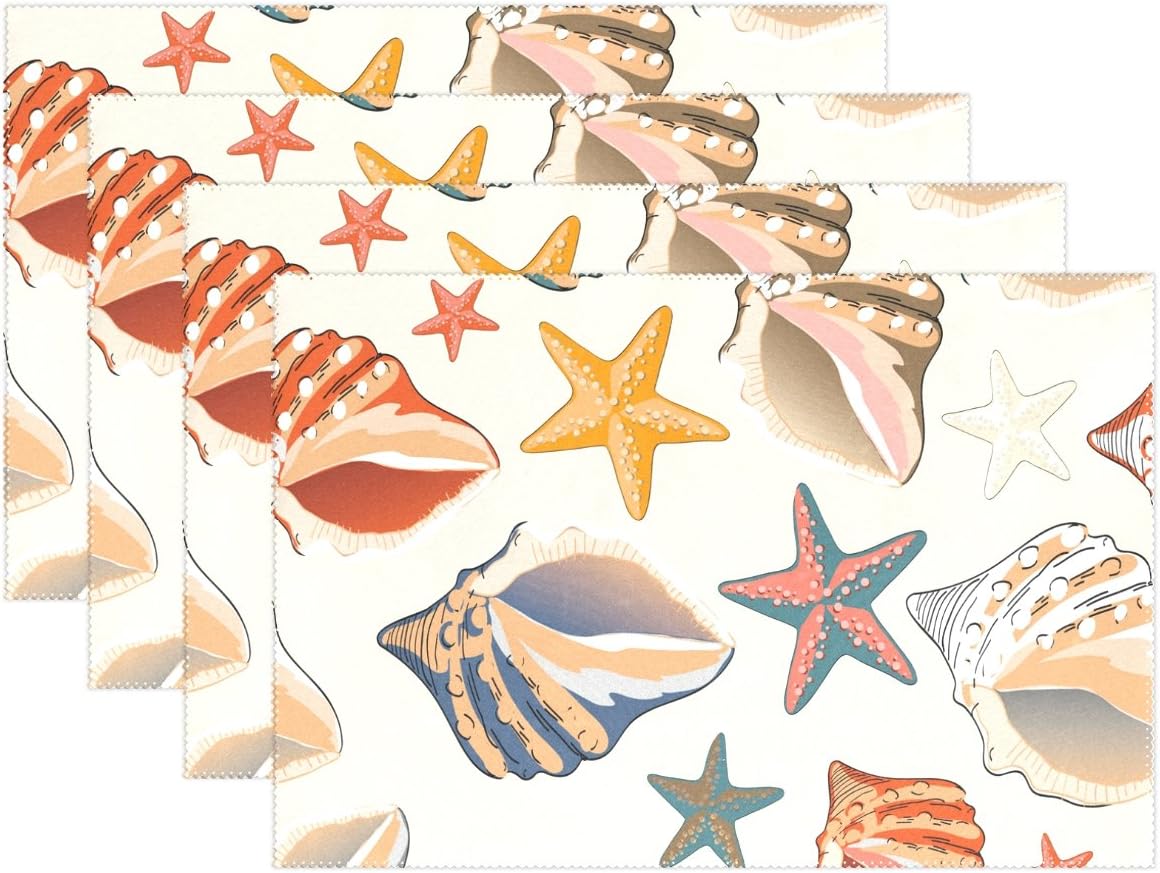 jeansame Table Place Mats Set Placemats Beach Ocean Sea Starfish Shells Conch 30 x 45 cm