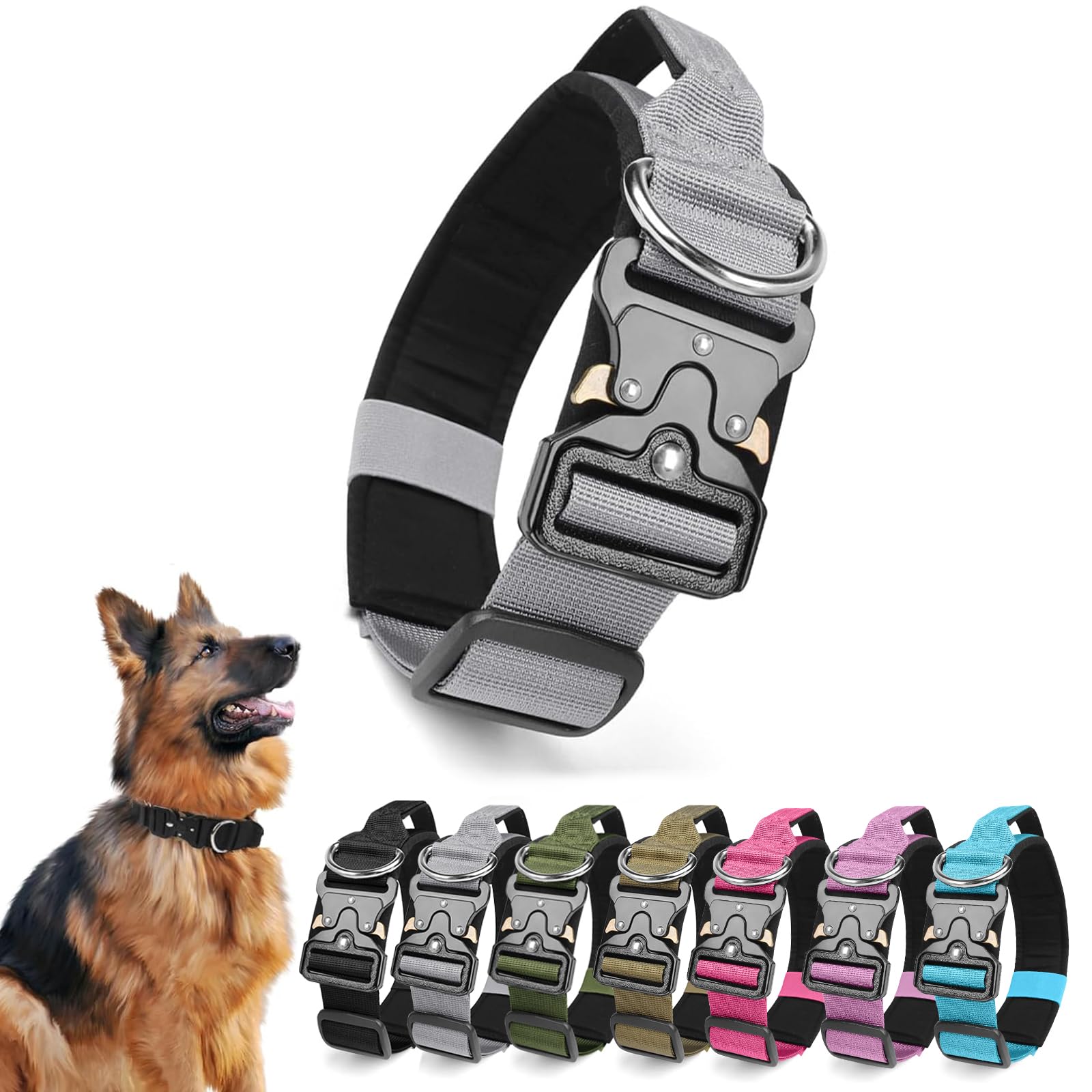 Ledeak Tactical Dog Collar, Padded Adjustable Polypropylene Soft Dog Collars, Heavy Duty Breathable Strong Training Dog Collar with Handle and Heavy Duty Metal Buckle (Silver, M)