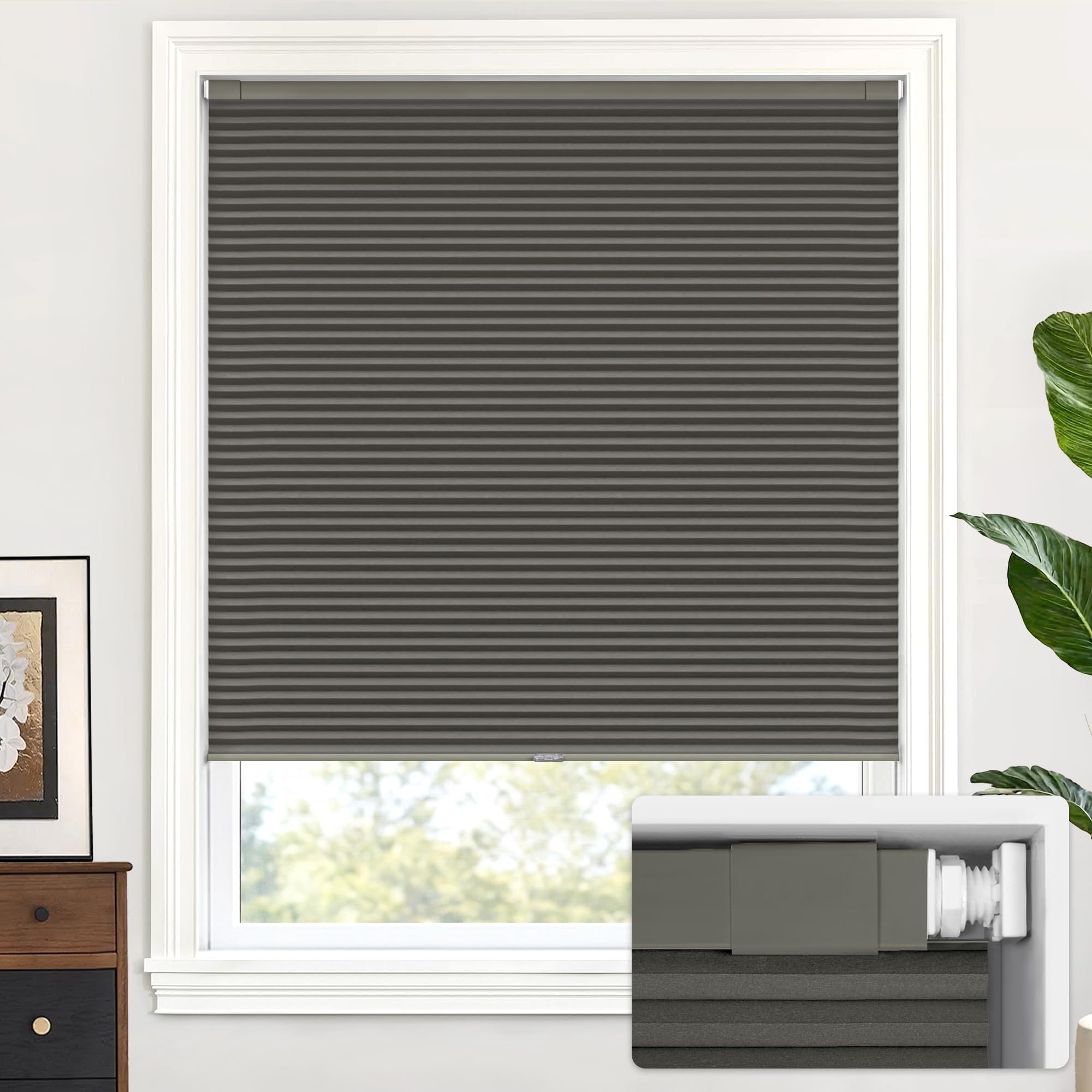 LazBlinds Cordless Cellular Shades, No Tools No Drill Blackout Honeycomb Shades Pleated Blinds for Windows, 37" W x 64" H, Midnight Black Image