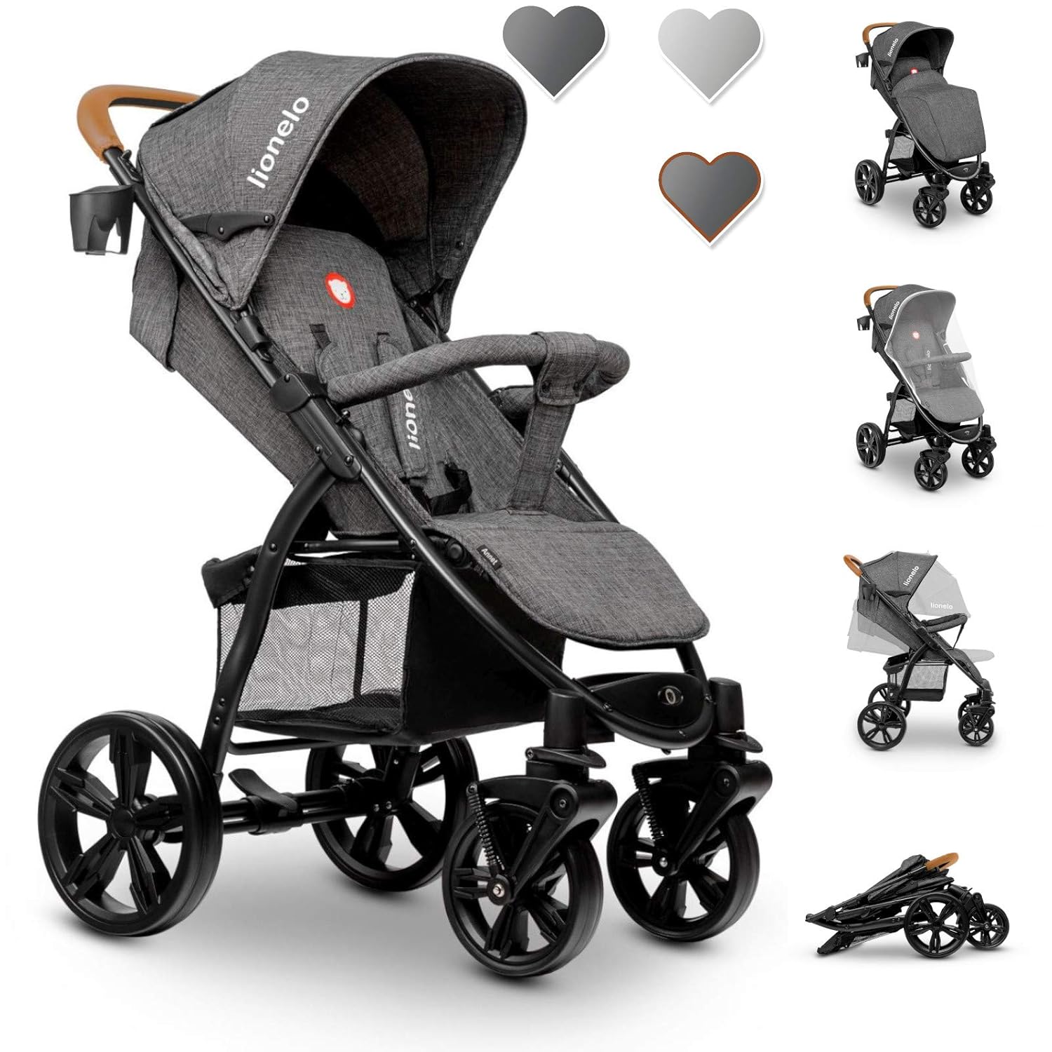 Lionelo Annet Buggy mit Liegefunktion Kinderwagen klein zusammenklappbar Eva-Schaum-Räder Moskitonetz Fußdecke Getränkehalter Korb (mit Handgriff in Braun)