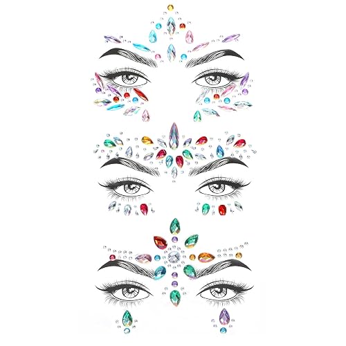 Music Festival Face Jewels, 3 Sets Colorful Mermaid Face Jewels Stick On, Rhinestone Rave Face Gems Glitter, Temporary Crystal Stickers Decorations for Christmas Festival Music Carnival Race Party