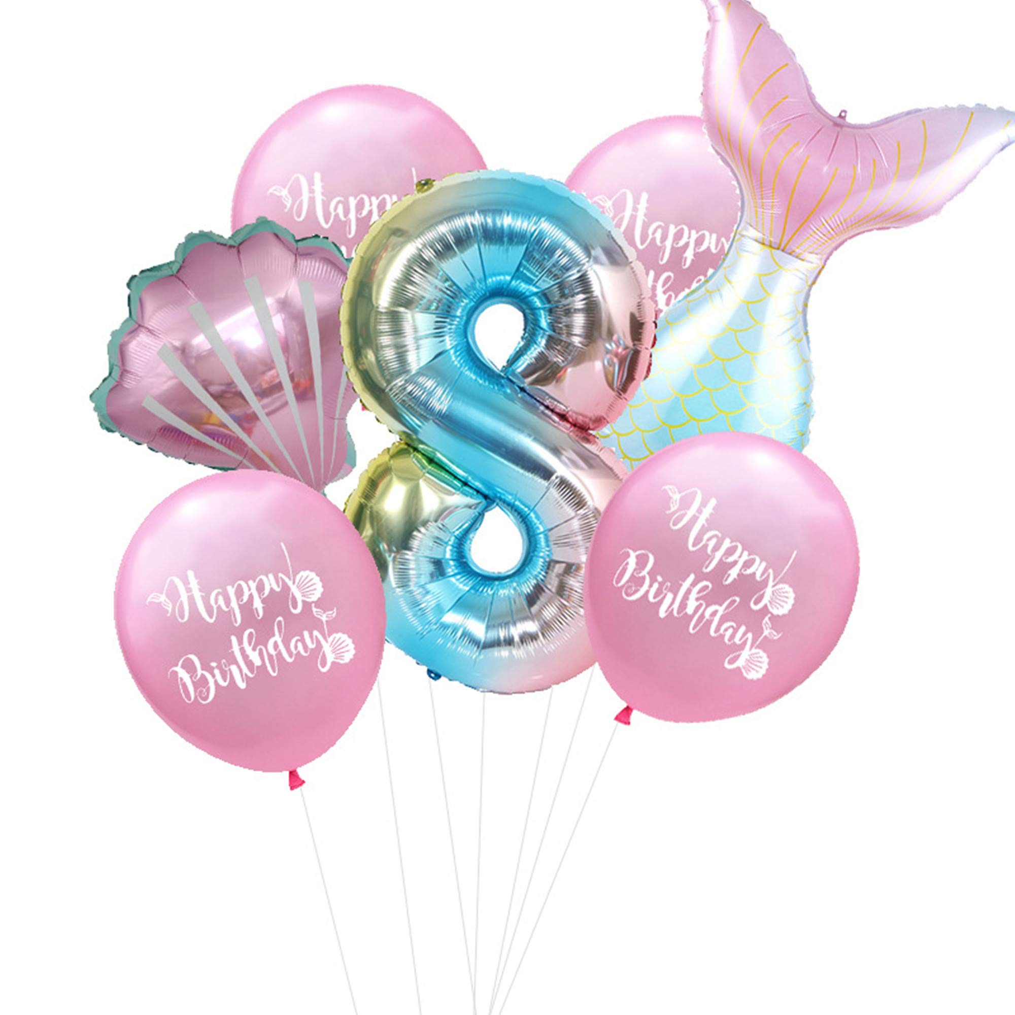 7PCs Mermaid Foil Balloons Set Mermaid Sea Theme Birthday Party Decoration 32 Inch Number Foil Balloon Shell Helium Balloon (Pink-8)