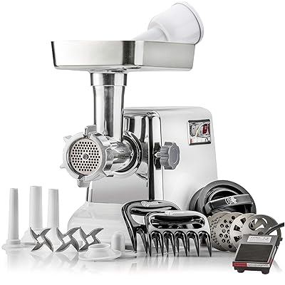 STX Turboforce&amp;quot;Platinum Edition&amp;quot; Electric Meat Grinder wFoot Pedal &amp;amp; Sausage Stuffer - Heavy Duty - 4 Grinding Plates, 3 SS Blades, 3 Sausage Tubes, Kubbe Attachment, 2 Meat Claws and Burger Press