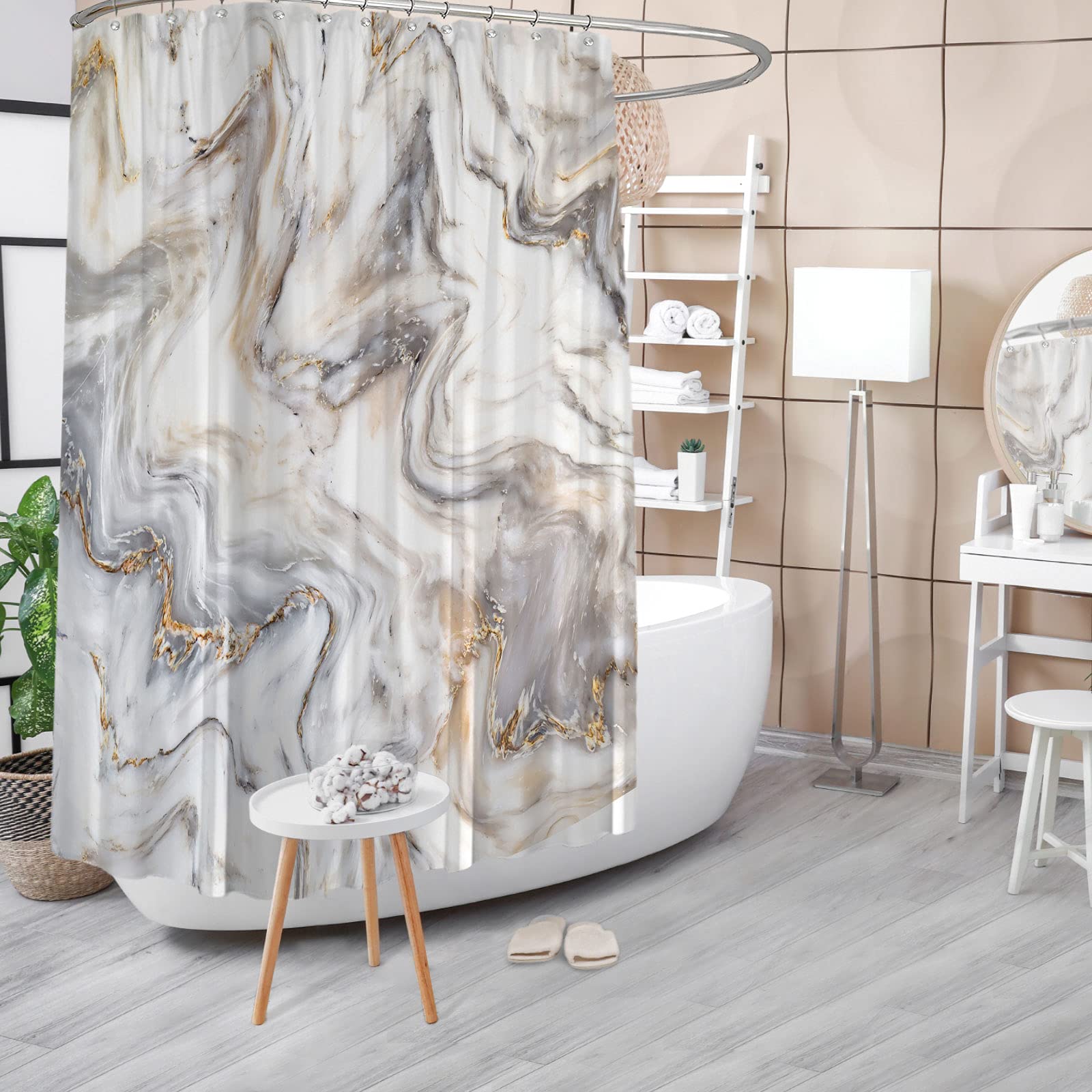 MitoVilla Extra Wide Shower Curtain 108 x 72, Marble Clawfoot Tub Shower Curtain, Grey Gold Wrap Around Shower Curtain for Bathroom Decor, Abstract Oversized Fabric Shower Curtain Set