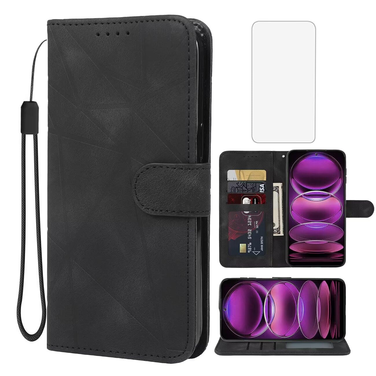 Wanyuexes Case for Redmi 12 Case, Redmi Note 12R/Poco M6 Pro/Redmi 12R Wallet Case with Tempered Glass Screen Protector, Leather Flip Credit Card Holder Stand Phone Cover for Xiaomi Redmi 12 Black — image 1