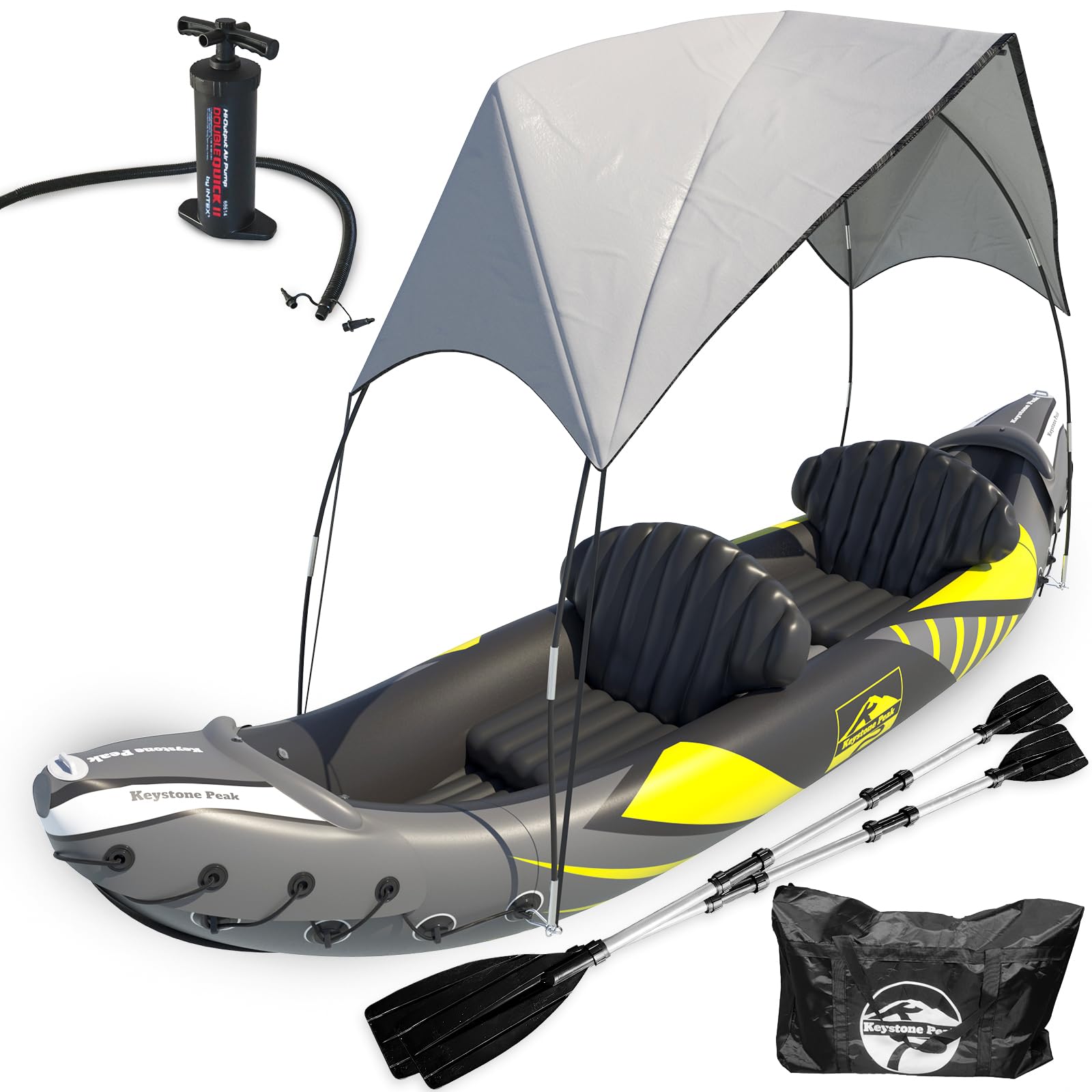 Photo 1 of KP Inflatable Kayak 2 Person with Detachable Sun Canopy/Shade - Kayaks for Adults - Waterproof Phone Bags - Adjustable Seats - 3rd Seat for Dog/Child - Backrests & More - Grey