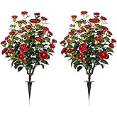 Romantic Season 36" Artificial Camellia Tree with Ground Spike, 2Pack Red Faux Camellia Flower UV Resistant Floral Blooming Bush for Indoor Outdoor Wedding Front Door Porch Garden Backyard Garden