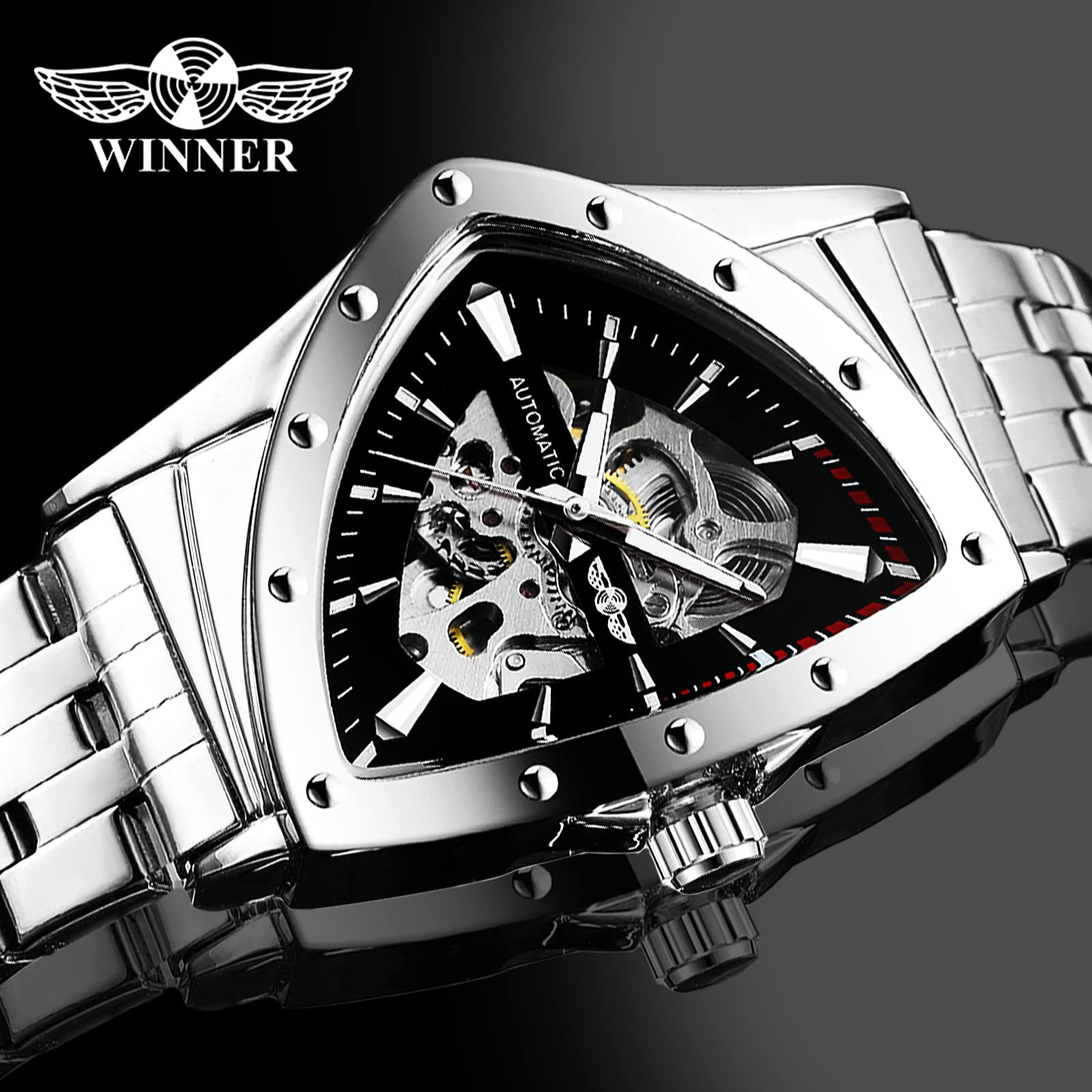 FORSINING Triangle Skelett Herren Automatische Mechanische Uhr Luxus Gold Schwarz Edelstahl Uhren Wasserdicht Leuchtende Sport Armbanduhr, Silber / Schwarz, Modern