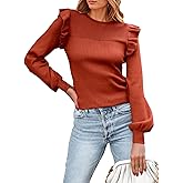 PRETTYGARDEN Women's Ruffle Long Sleeve Sweaters Crew Neck Lightweight Sweater 2026 Fall Trendy Ribbed Knit Pullover Tops