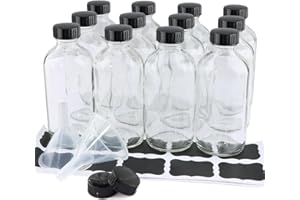 PINIWON 12 Pack 8 oz Clear Glass Bottles, 240ml Boston Round Sample Bottles with Black Poly Cone Caps, Labels and Funnels