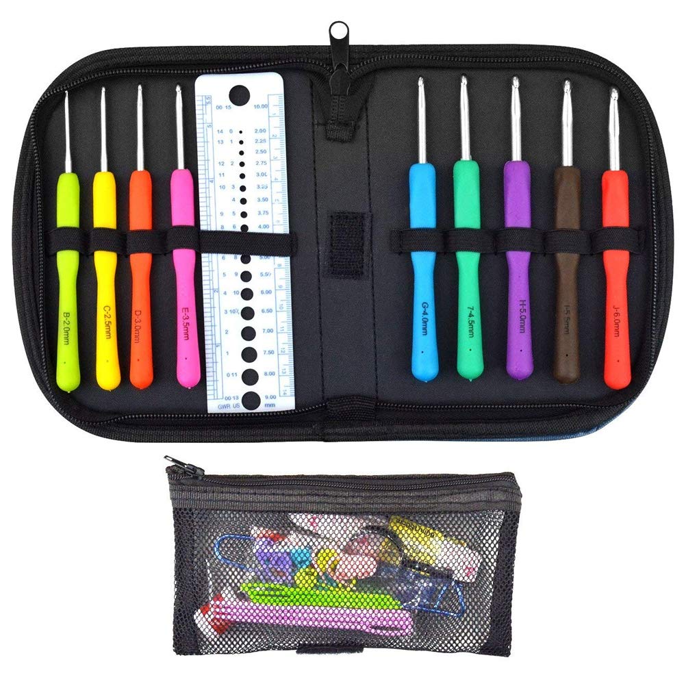Jerbro Crochet Hooks Set, Knitting Sets with Comfort Handles Suitcase with 9 Needles & 22 Knitting Accessories