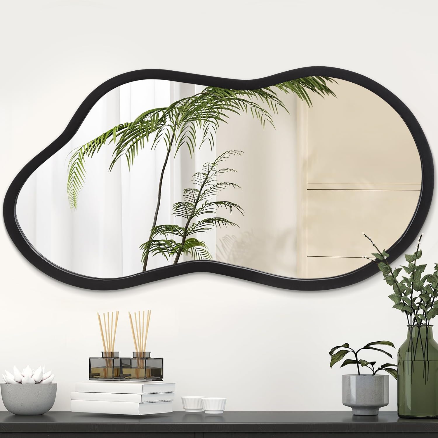 Photo 1 of *DAMAGED FRAME* AAZZKANG Large Irregular Mirror 22"x12" Black Asymmetrical Wall Mounted Mirrors Decorative Wood Frame for Bathroom Bedroom Living Room Entryway