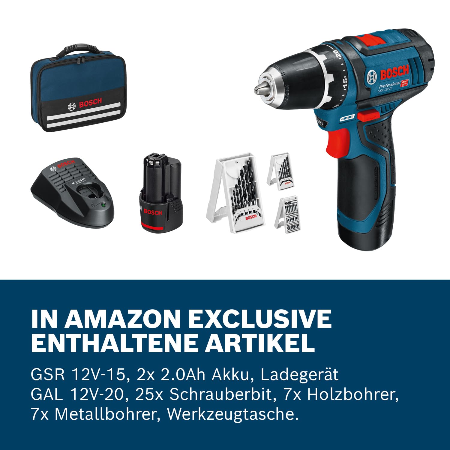 Bosch Professional Battery drill GSR 12-2-LI with 39 PCs. Accessory Set, 2x battery 2,0 Ah, Charger in Bag, 12 V