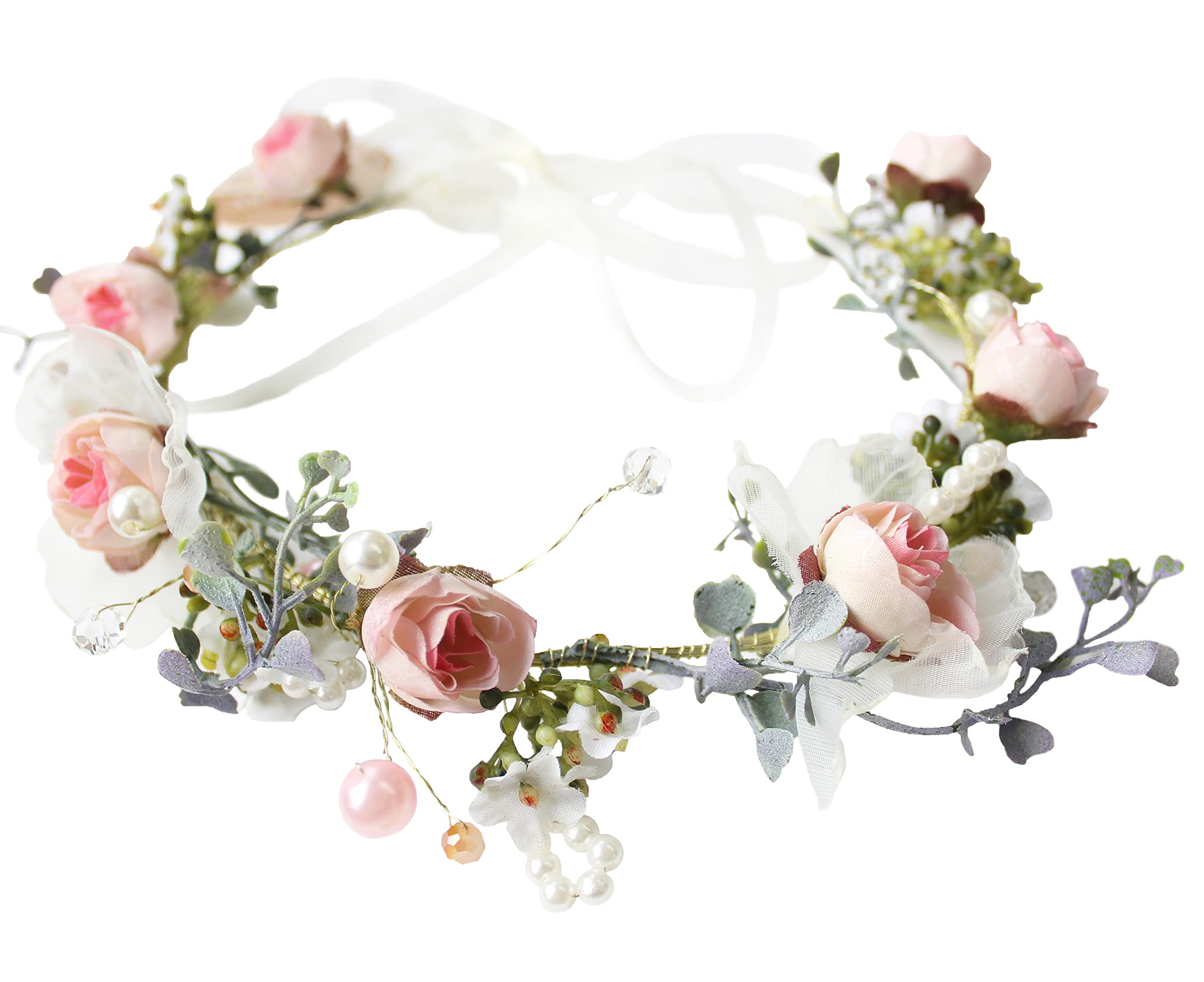 Brikuinr Bridal Floral Crown Pearl Flower Headband Hair Wreath Hair Garland Flower Halo Floral Headpiece with Ribbon Party Wedding Pinnk