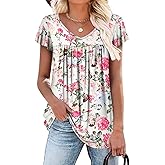 ROSELINLIN Womens Ruffle Sleeve Tunic Tops V Neck Loose Fit Short Sleeve Summer Shirts