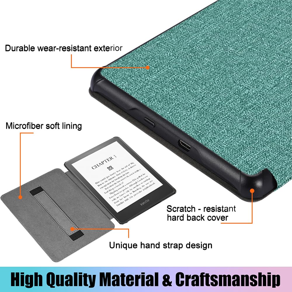 SCSVPN Case for 6.8'' Kindle Paperwhite (11th Generation-2021 Release) and Kindle Paperwhite Signature Edition, Premium Lightweight PU Leather Shell Cover with Hand Strap - Auto Sleep/Wake, Green