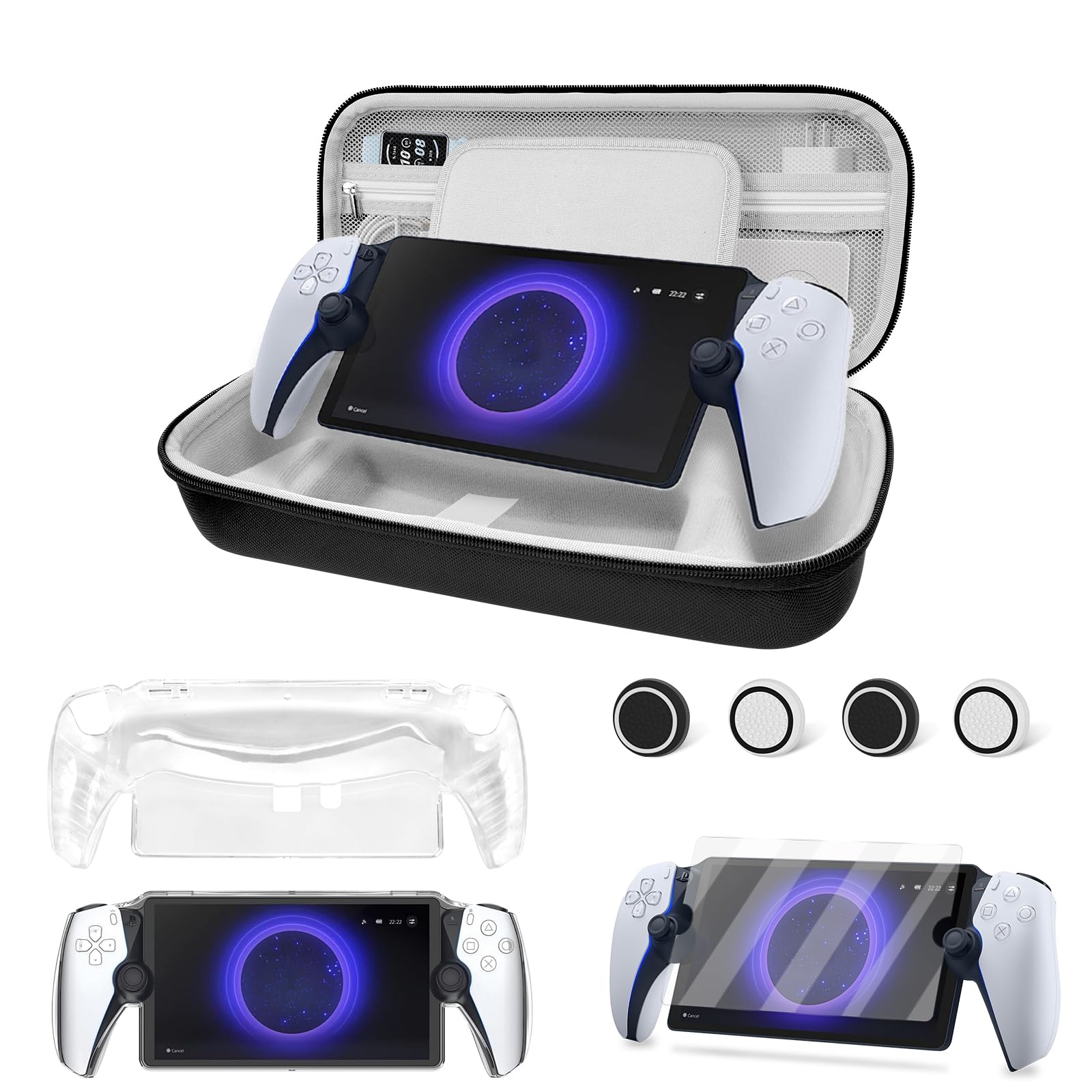 ARVOK 7 in 1 Accessoris Kit Compatible with Playstation Portal, EVA Carrying Case for PS5 Portal with Clear Skin Protective Case, 1 Screen Protectors with 4 Thumb Grip, holds accessories, Black
