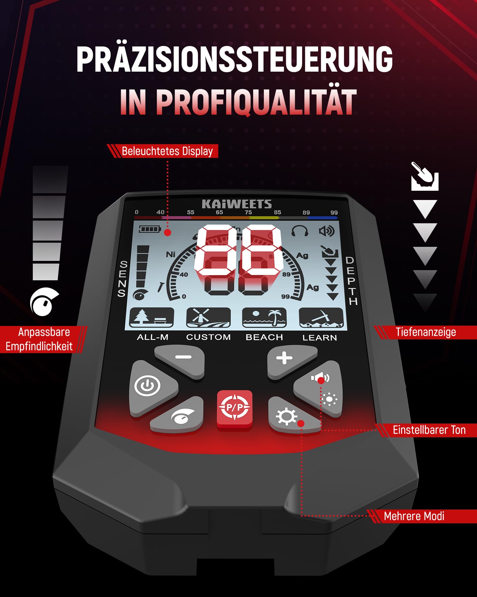 KAIWEETS Metalldetektor Profi, wasserdichte Doppel-D-Spule, 5 Modi Goldsuchgerät mit Upgrade Teleskopstange, Wiederaufladbarer Akku, Pinpointer, Verbesserter Grabungsmesser, Regenabdeckung (Rot) 6