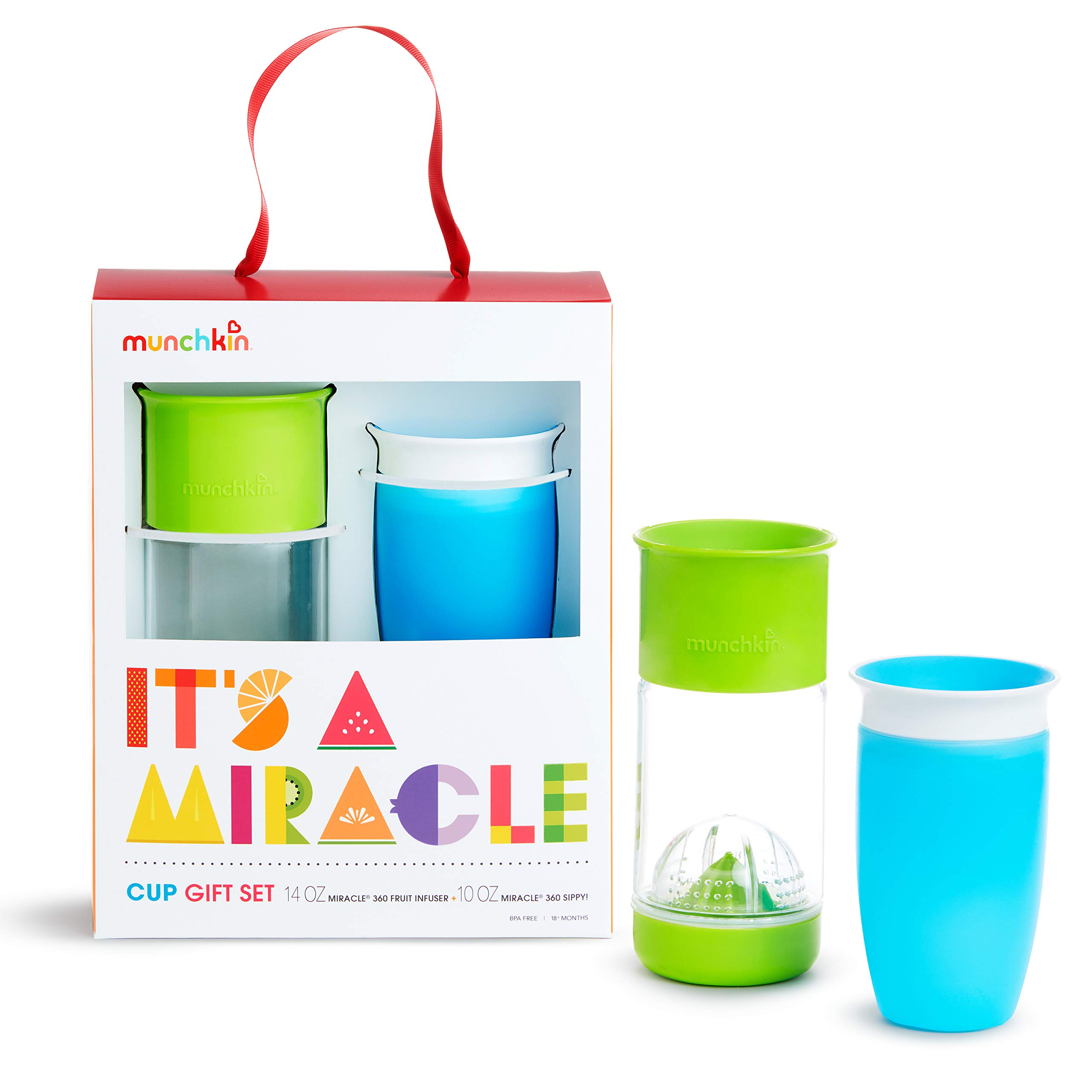 Munchkin® It's a Miracle! 360 Sippy Cup Gift Set, Includes 10oz Miracle® Cup and 14oz Miracle Fruit Infuser, Blue/Green