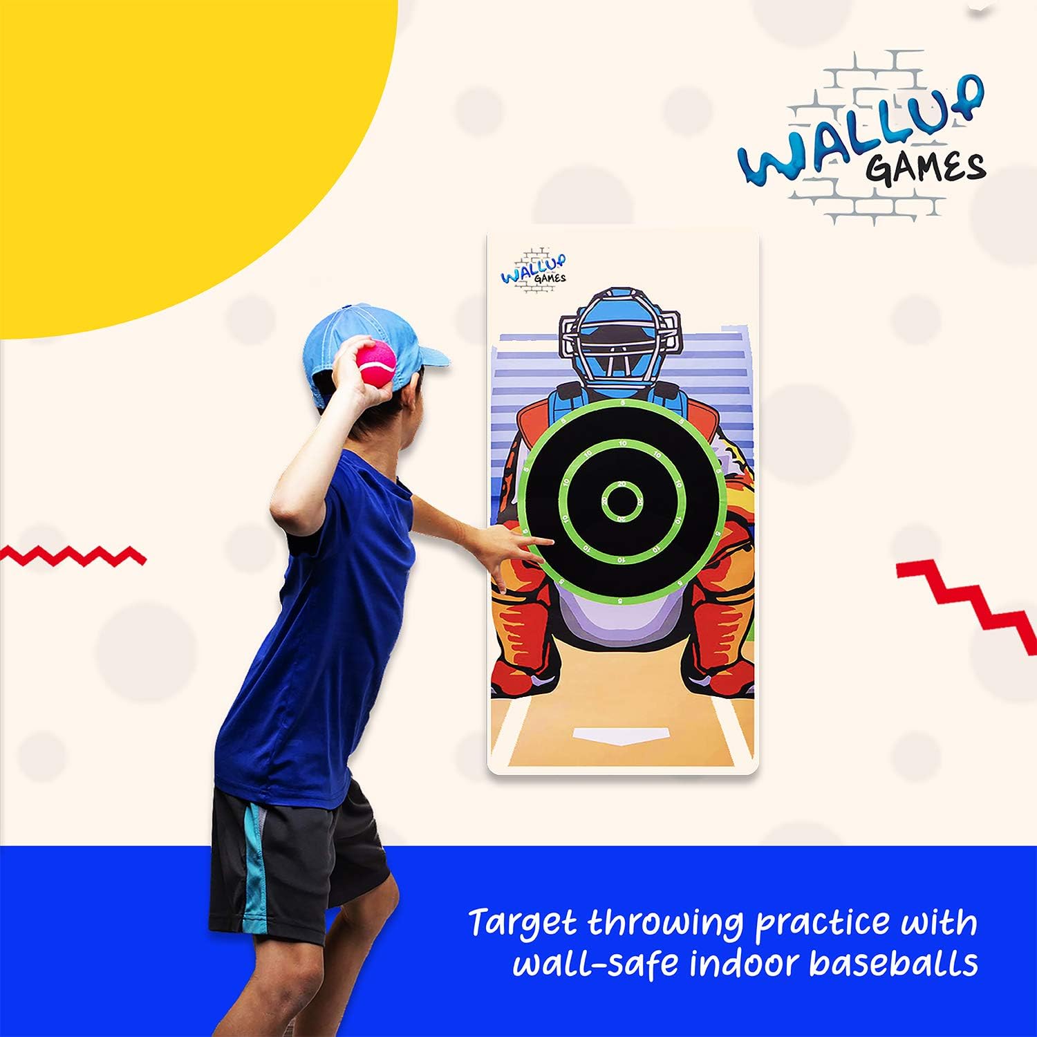Wallup Games Kids Baseball Indoor Target Pitching Games, Removable Vinyl Wall Mat with 3 Indoor Baseballs, Hook and Loop Target: Toys & Games