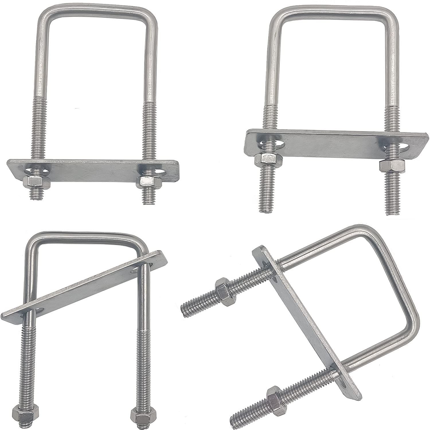 4pcs Square Brackets U Bolts U-Clamp Roof Box Fixing 304 Stainless Steel M6 with Nuts, Frame Plate, for Pipeline, Construction Installation and Industrial Applications