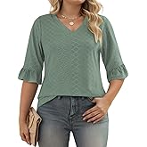 VISLILY Womens-Plus-Size-V-Neck-Tops Dressy 3/4 Length Ruffle Sleeve T Shirts Trendy Eyelet Blouses Casual Loose Tunics 1X-5X
