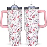 40 oz Flamingo Tumbler With Handle Lid and Straw,Pink Stainless Steel Insulated Tumblers Gifts for Women Girls Flamingo Lovers Travel Mug