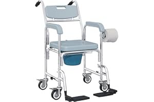 HOMCOM Shower Chair with Wheels 4 in 1, Bedside Commode Wheelchair with Seat, Backrest, Arms, Shower Commode Chair for Senior