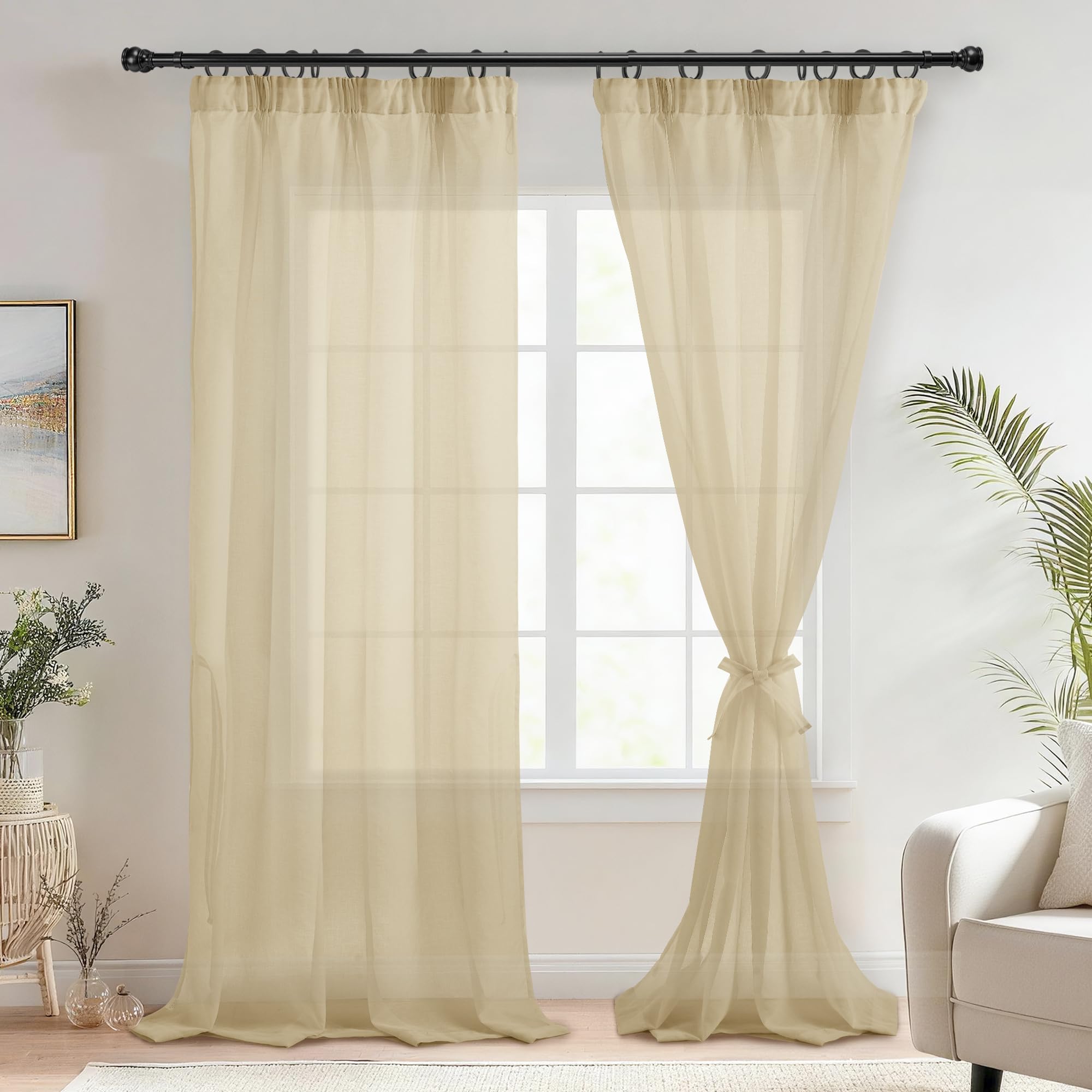 DWCN Net Curtain for Windows Pencil Pleat Curtain with Tie Backs Voile Curtains 96 Drop Rod Pocket 2 Panels, Beige, W55 x L96 Inch