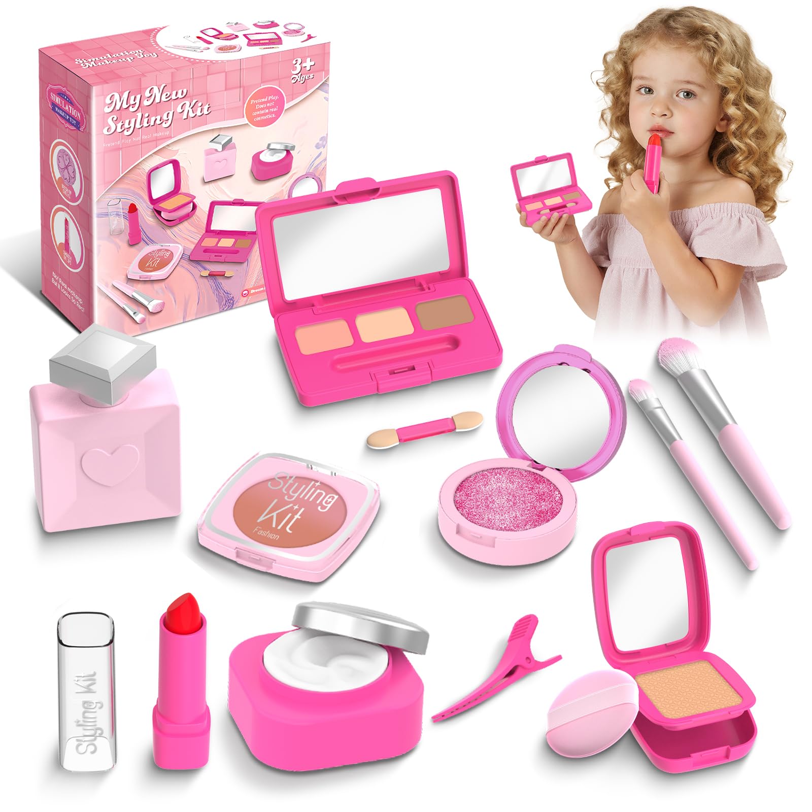 Vattikam Kids Make Up Set, Pretend Play Make Up Toy for Little Girl 3+ Years Old, Non-Toxic Fake Cosmetics with Lipstick, Mirror, Brushes, Hair Clip (Pink)