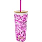 Lilly Pulitzer Double Wall Tumbler with Lid and Reusable Straw, Insulated Travel Cup Holds 24 Ounces (Unforgettable Pink)