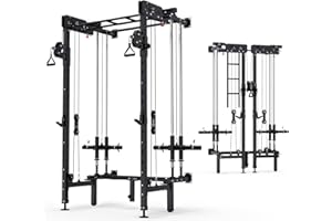 MDEAM Folding Squat Rack, Wall Mounted Power Rack with Cable Crossover Machine & LAT Pull Down Multi-Function Space-Saving Power Cage with 7 Adjustable Modes/Dual Pulley System/Pull-up Bar/360°Landmine