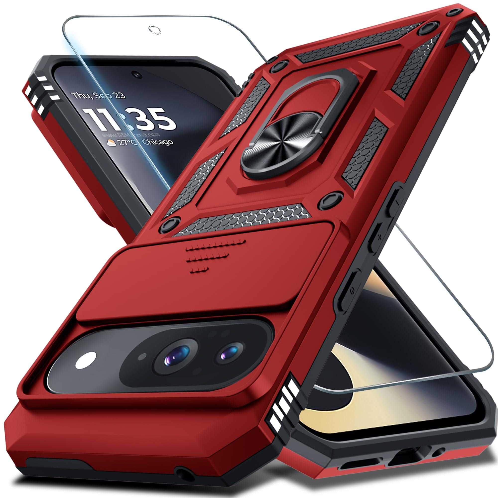 Photo 1 of **2 pack**Janmitta Case Compatible with Google Pixel 9/9 Pro Built in Slide Camera Lens Cover+Screen Protector+Finger Ring Holder Kickstand,Heavy Duty Shockproof Full Body Protective Phone Cover,Red