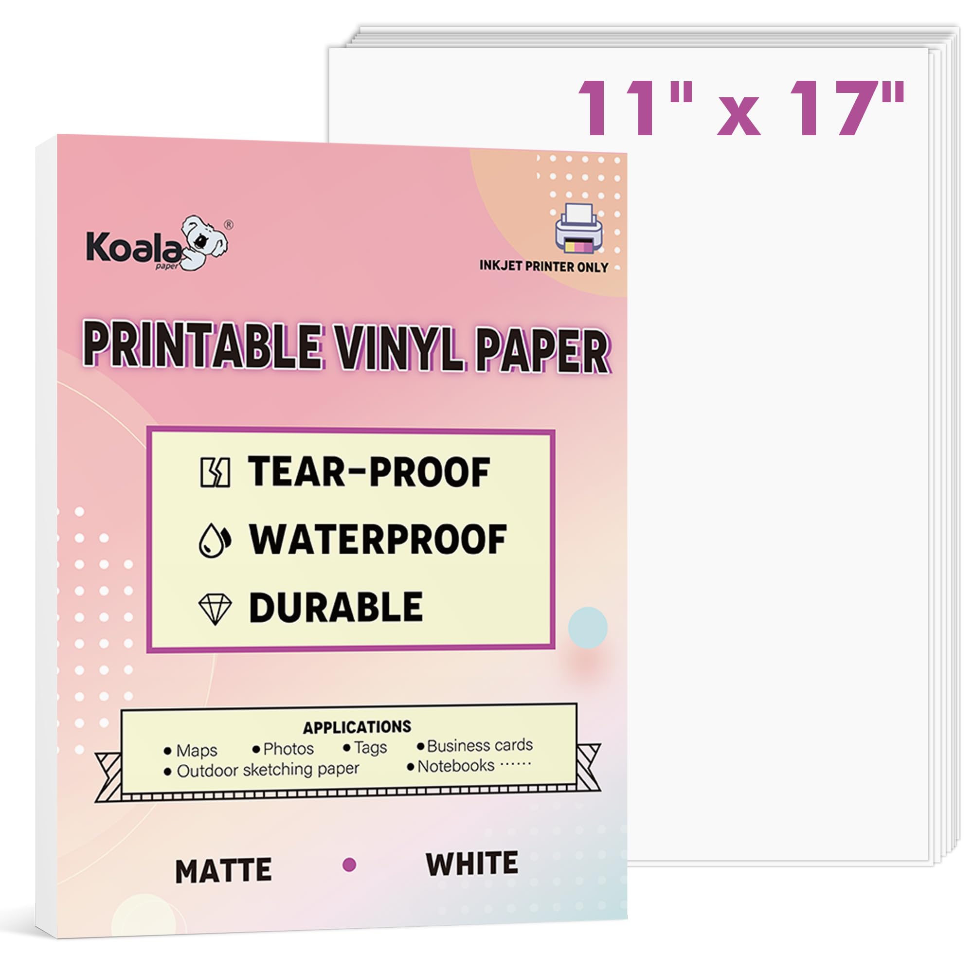 Photo 1 of KOALA PAPER Printable Waterproof Paper for Inkjet Printer, 11x17 In 30 Sheets Matte White Vinyl Printer Paper, Non-Tearable, Durable, Quick Drying